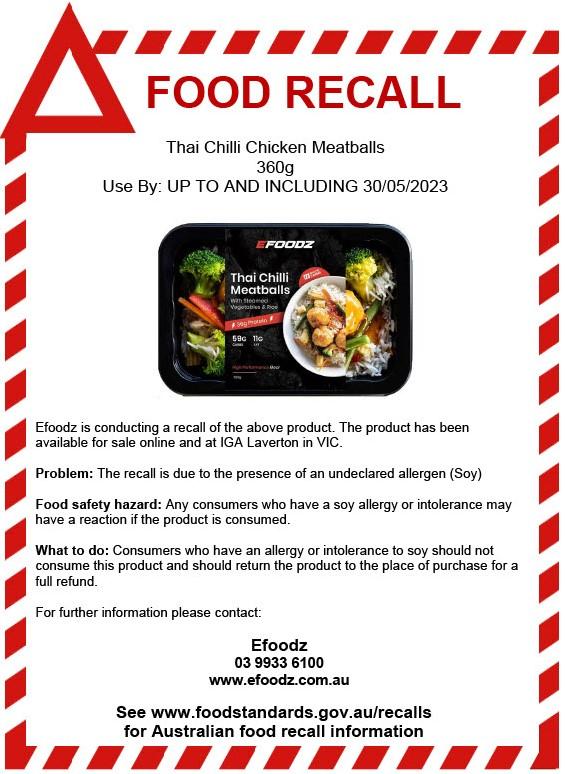 Efoodz Sweet Chili Meatball Recall Notice