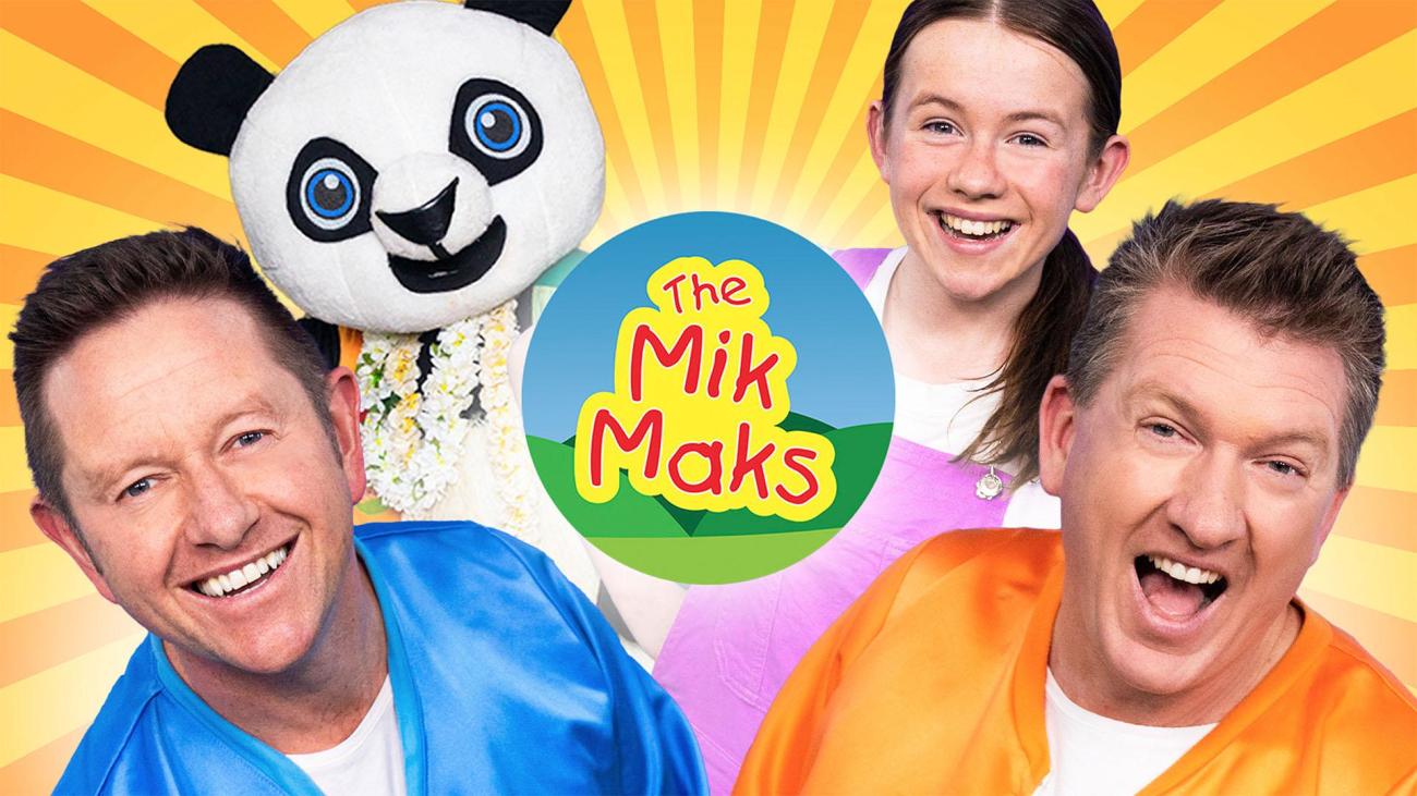 A composite image of three people laughing and a person in a panda suit, all holding instruments with the text "The Mik Maks" 