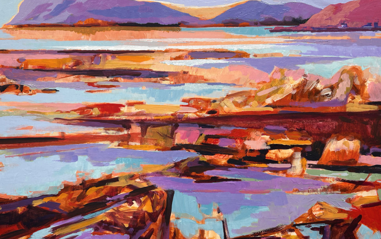 A painting of a multicoloured, rocky outcrop on a beach