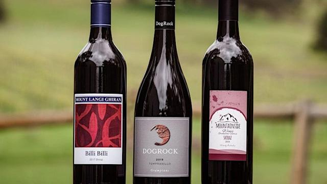 Three red wine bottles standing in a row on a wooden table