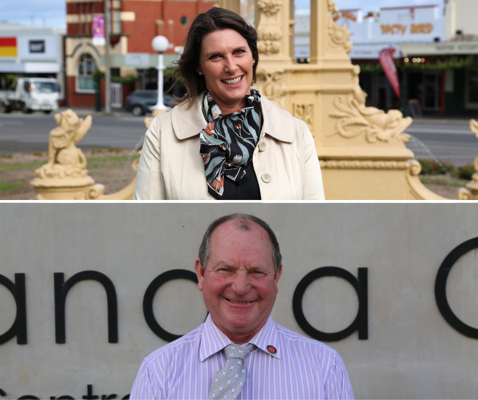 Composite image of a lady smiling and standing in front of a fountain, and a man in business dress smiling standing in front of a government building